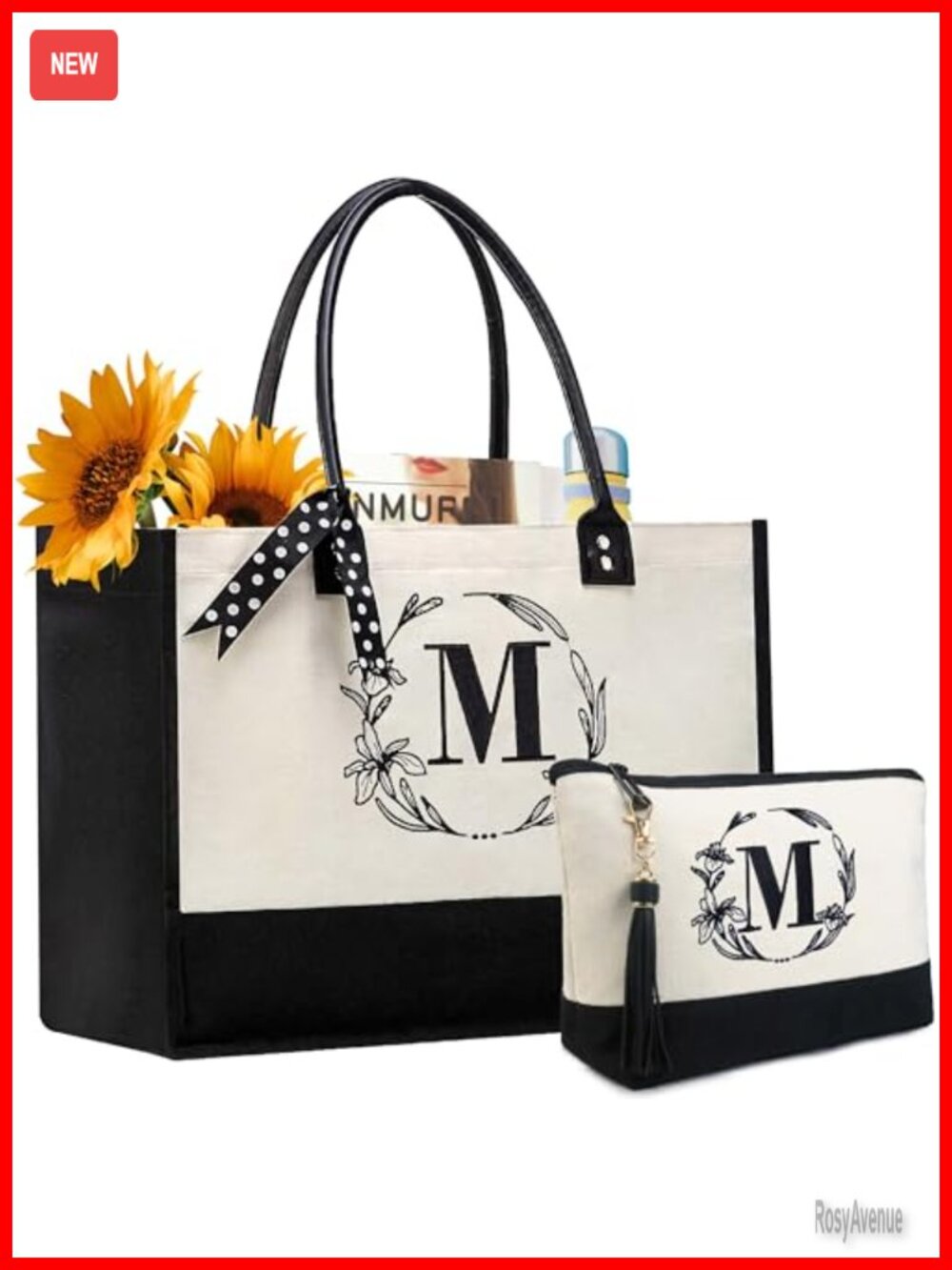 Monogram Canvas Tote Bag with Leather Handle Large Personalized Gift